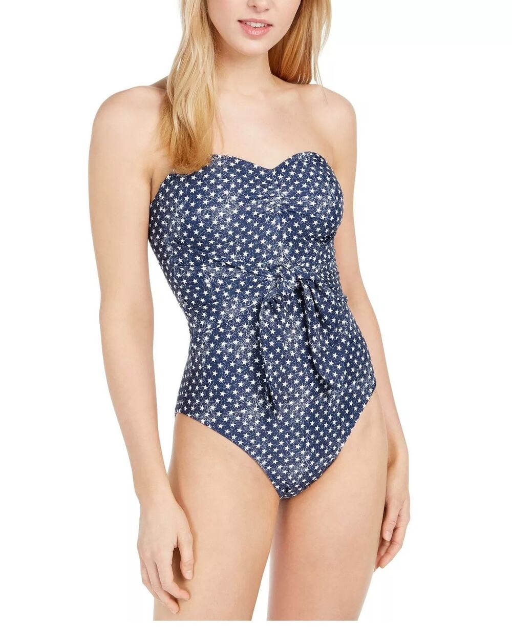 WeWoreWhat Capri Blue Star Strapless One-Piece Tie Waist Blue Swimsuit L